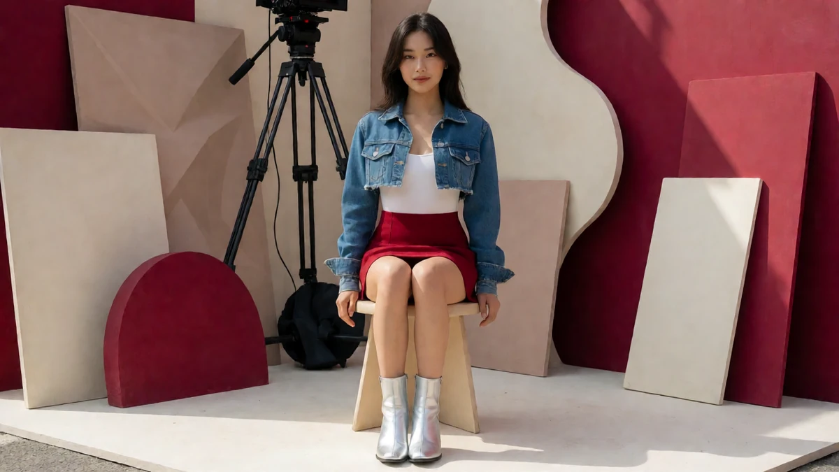 摄影棚番号主题图：成年女子穿牛仔外套和红裙坐在相机旁
