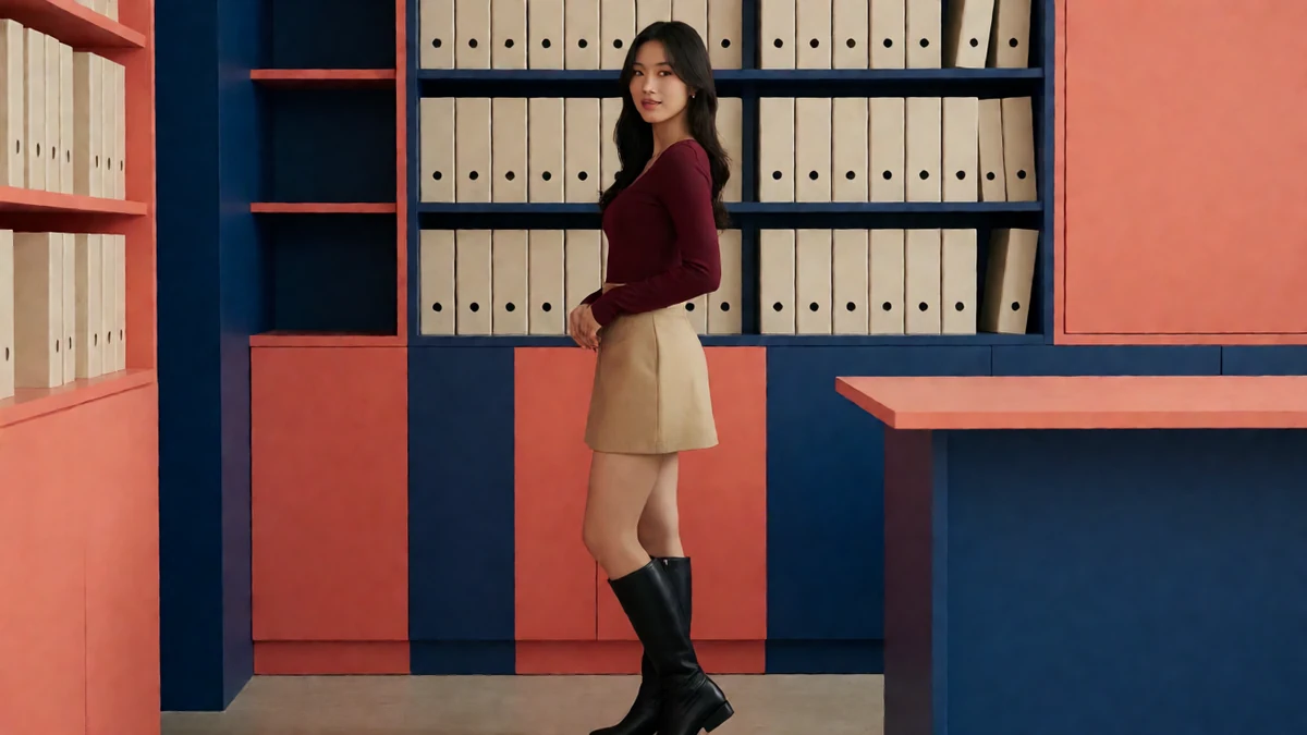 版本档案主题图：成年女子穿酒红上衣和米色短裙站在档案格前
