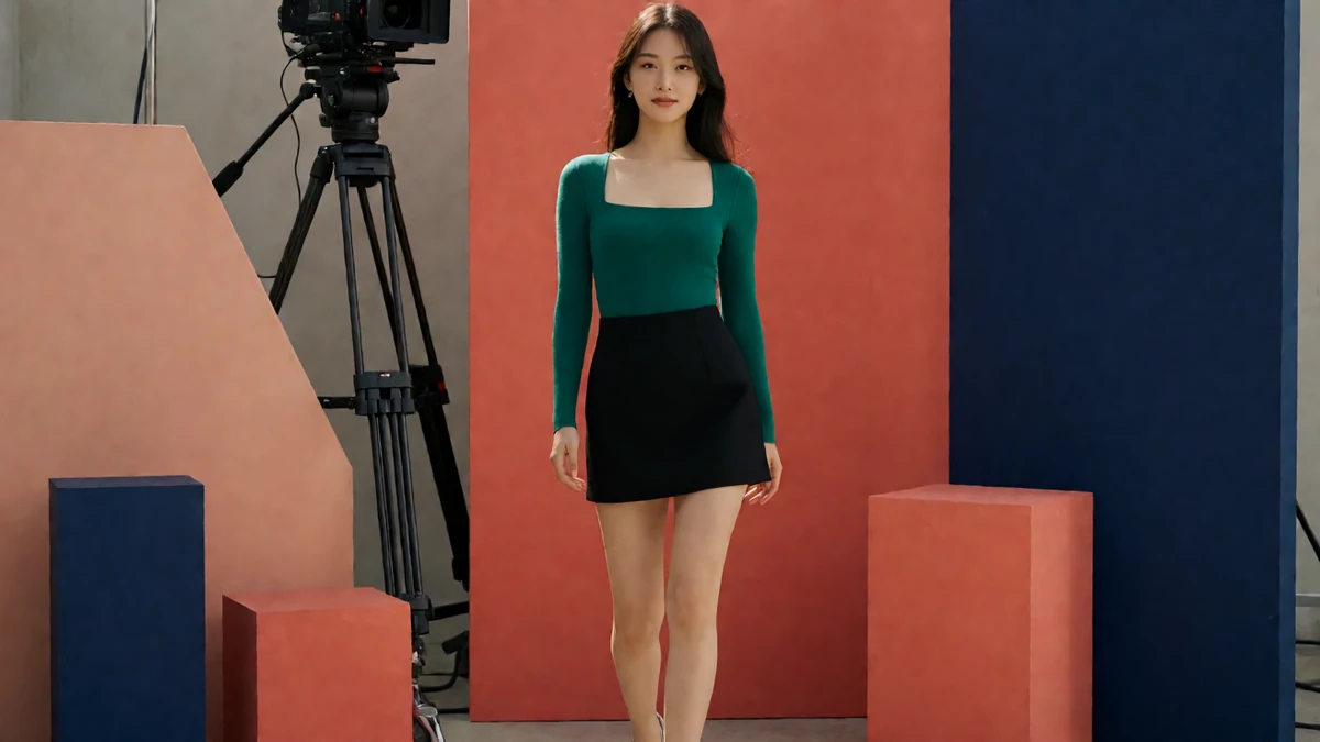 女优目录主题图：成年女子穿绿色上衣和黑裙站在摄影机前