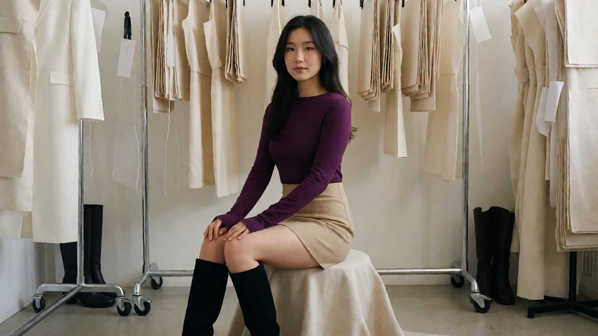 衣橱人物主题图：成年女子穿深紫上衣和米色短裙坐在衣架前